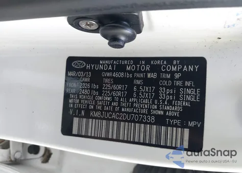 2013 Hyundai Tucson Gls z USA, uszkodzony, nr VIN KM8JUCAC2DU707338